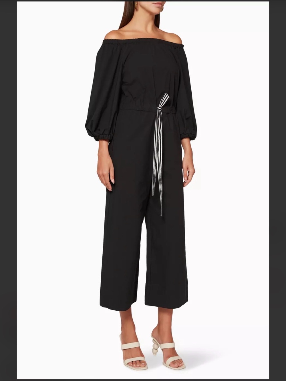 Marella Off-Shoulder Black Cropped Jumpsuit with Waist Tie